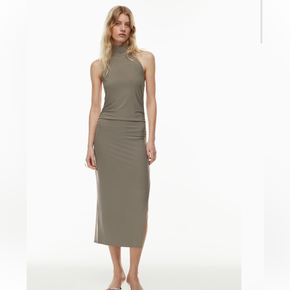 WILFRED / ARITIZIA TAUPE‎ HALTER NECKLINE FITTED “REMEDY” MIDI DRESS WITH SLIT